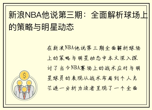 新浪NBA他说第三期：全面解析球场上的策略与明星动态