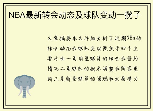 NBA最新转会动态及球队变动一揽子